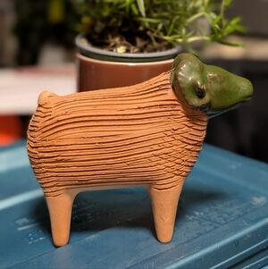 Classic Chia Pet Handcrafted Terracotta and Green Sheep Sculpture